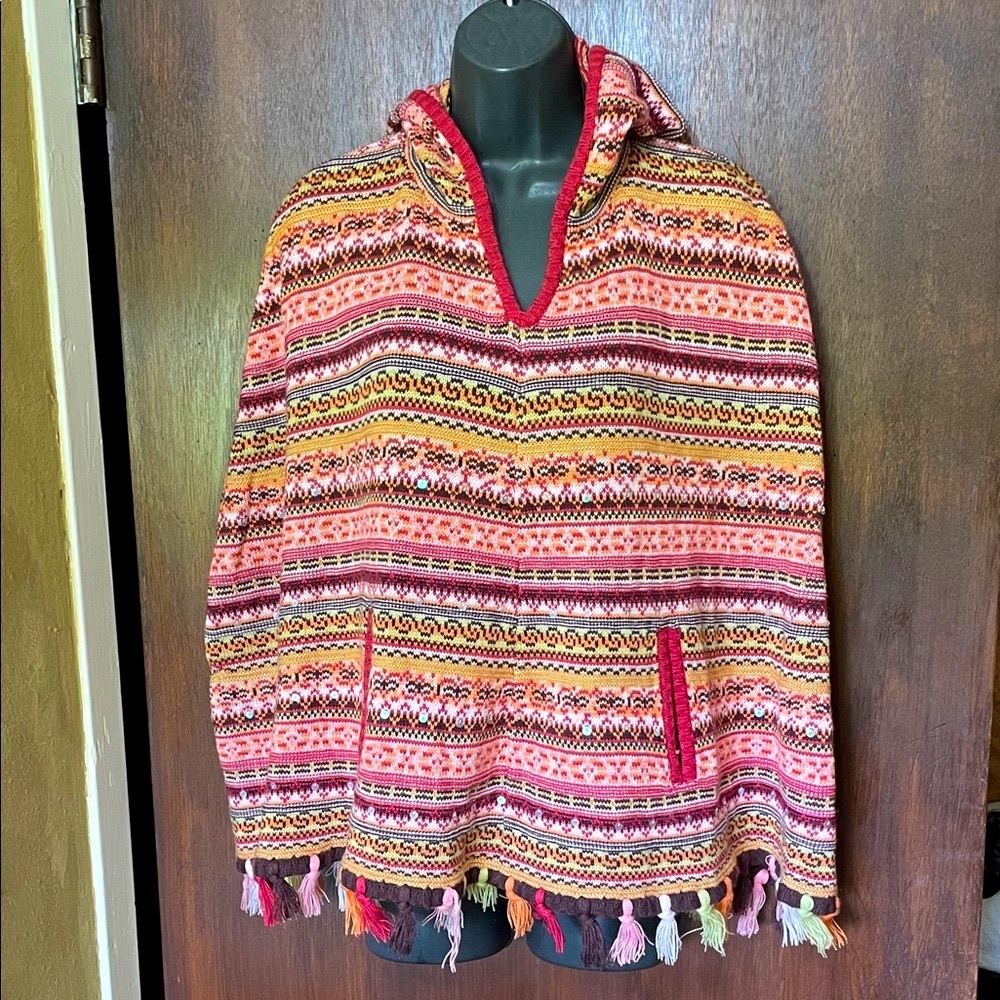 Bohemian fair aisle knit with sequin hooded poncho